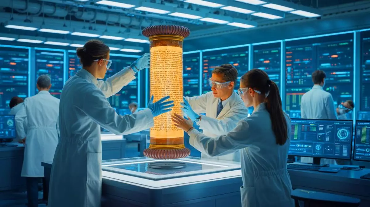 Illustration of researchers utilizing AI technology to decode a 2,000-year-old Greek scroll without unrolling it. Image generated by AI.