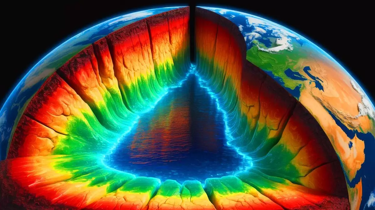 Illustration of a vast hidden ocean deep within the Earth's mantle. Image generated by AI.