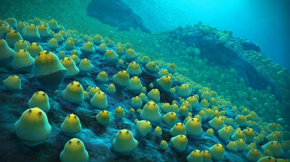 Illustration of thousands of giant Pacific white skate eggs nestled in an underwater volcano. Image generated by AI.