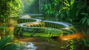 Illustration of the discovery of the northern green anaconda in the Amazon rainforest. Image generated by AI.