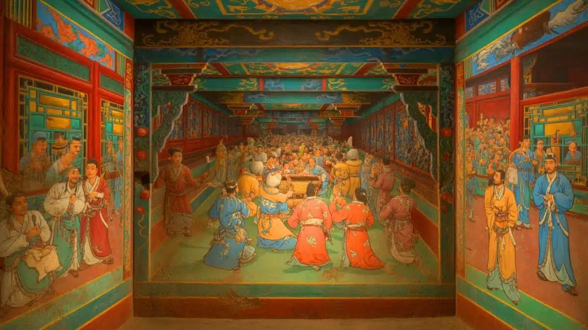 Illustration of murals in a Tang Dynasty tomb depicting daily life and a Western figure. Image generated by AI.