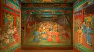 Illustration of murals in a Tang Dynasty tomb depicting daily life and a Western figure. Image generated by AI.