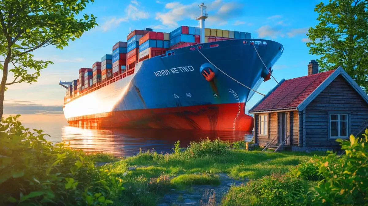 Illustration of a massive container ship grounded in a Norwegian garden, narrowly missing a nearby cabin. Image generated by AI.