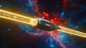 Illustration de la propulsion spatiale sans propulseur développée par Exodus Propulsion Technologies. Image réalisée par IA.