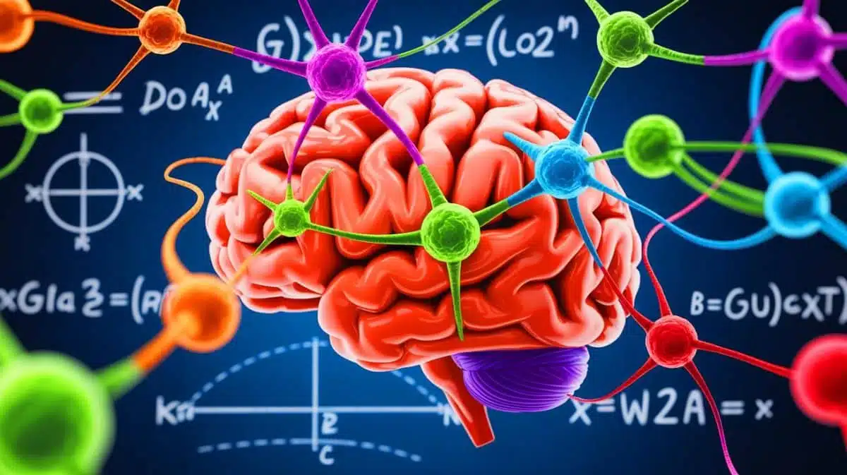 Illustration de l'influence des neurotransmetteurs GABA et glutamate sur les capacités mathématiques. Image réalisée par IA.