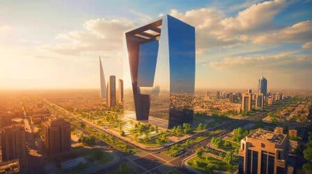 Illustration de l’ambitieux projet Mukaab, un gratte-ciel cubique au cœur de Riyad. Image réalisée par IA.