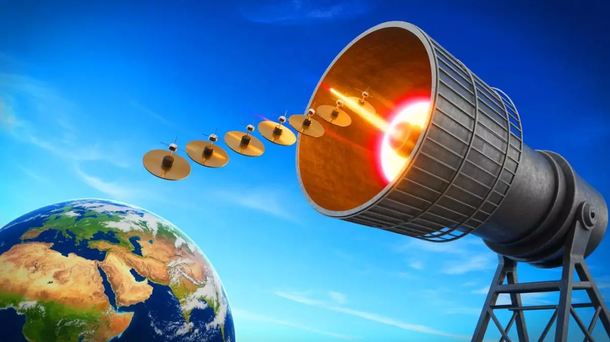 Illustration of SpinLaunch's centrifugal cannon launching microsatellites into low-Earth orbit. Image generated by AI.