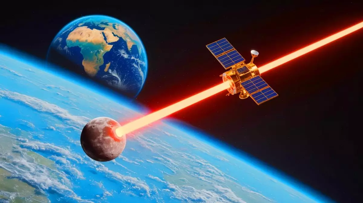 Illustration of China's precision laser hitting a satellite orbiting the Moon during daylight. Image generated by AI.