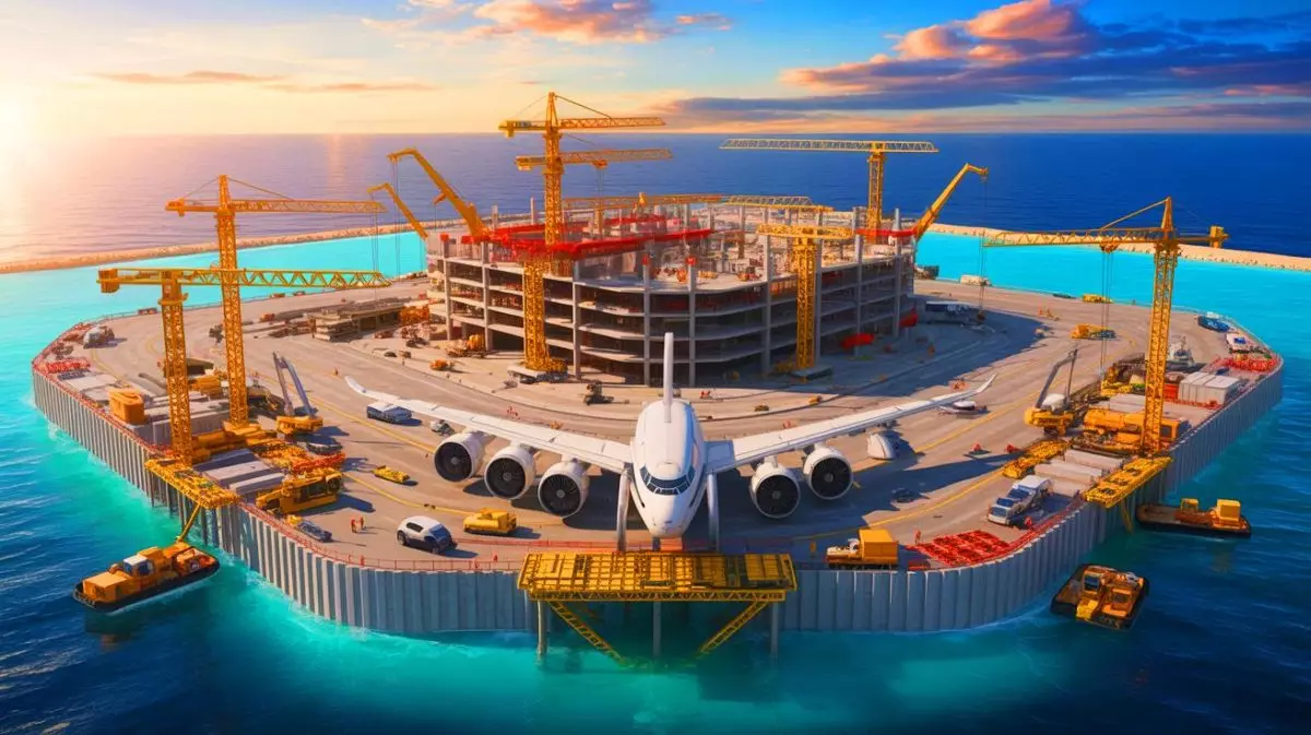Illustration of the construction of Dalian Jinzhouwan Airport on an artificial island. Image generated by AI.