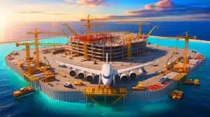 “China Unleashes Mega-Project: This Man-Made Island Set to Host the World’s Largest Airport, Spanning Over 10,000 Acres Illustration of the construction of Dalian Jinzhouwan Airport on an artificial island. Image generated by AI.