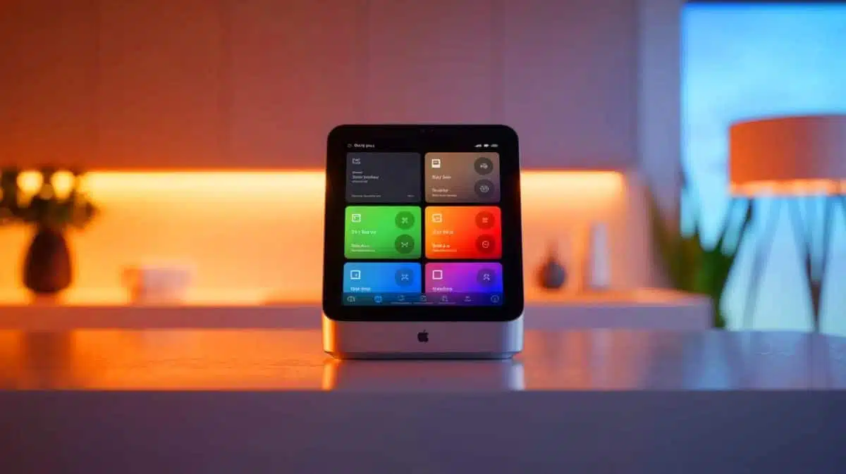 Illustration de l'écran connecté Apple pour la maison et son intégration dans l'écosystème technologique. Image réalisée par IA.