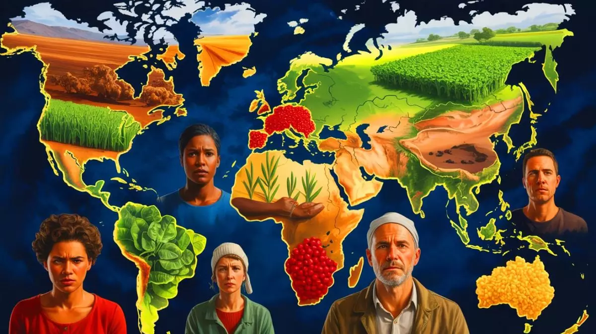 Illustration de l'impact mondial de l'insécurité alimentaire sur plusieurs pays. Image réalisée par IA.