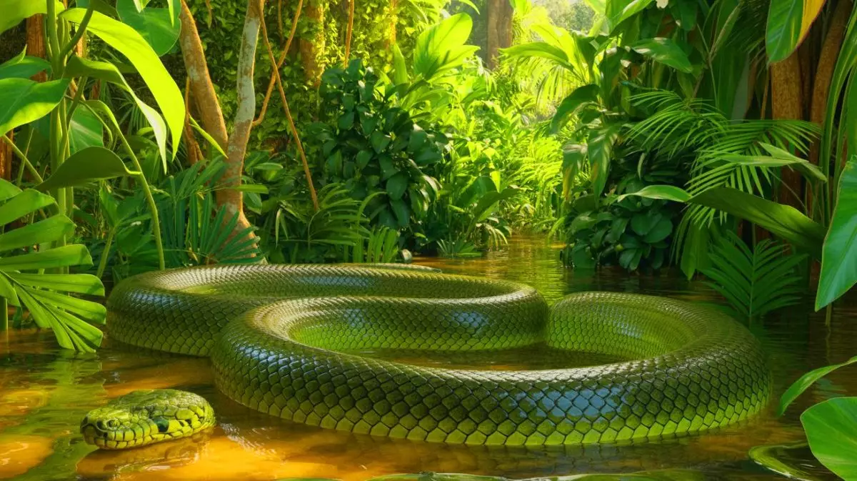 Illustration de la découverte d'une nouvelle espèce d'anaconda géant dans la forêt amazonienne. Image réalisée par IA.