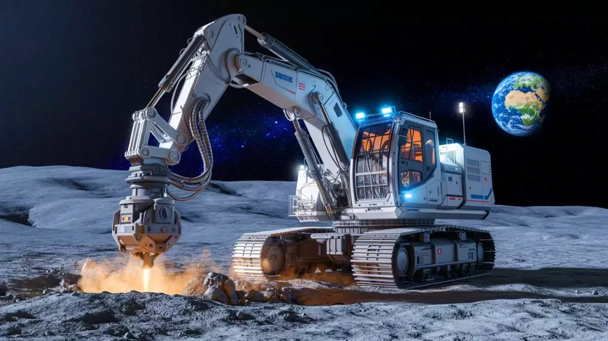Illustration de l'excavateur lunaire d'Interlune en action pour extraire l'hélium-3. Image réalisée par IA.
