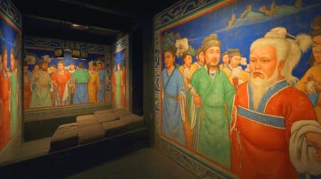 Illustration de la découverte d'un tombeau de la dynastie Tang avec des fresques occidentales au Shanxi. Image réalisée par IA.