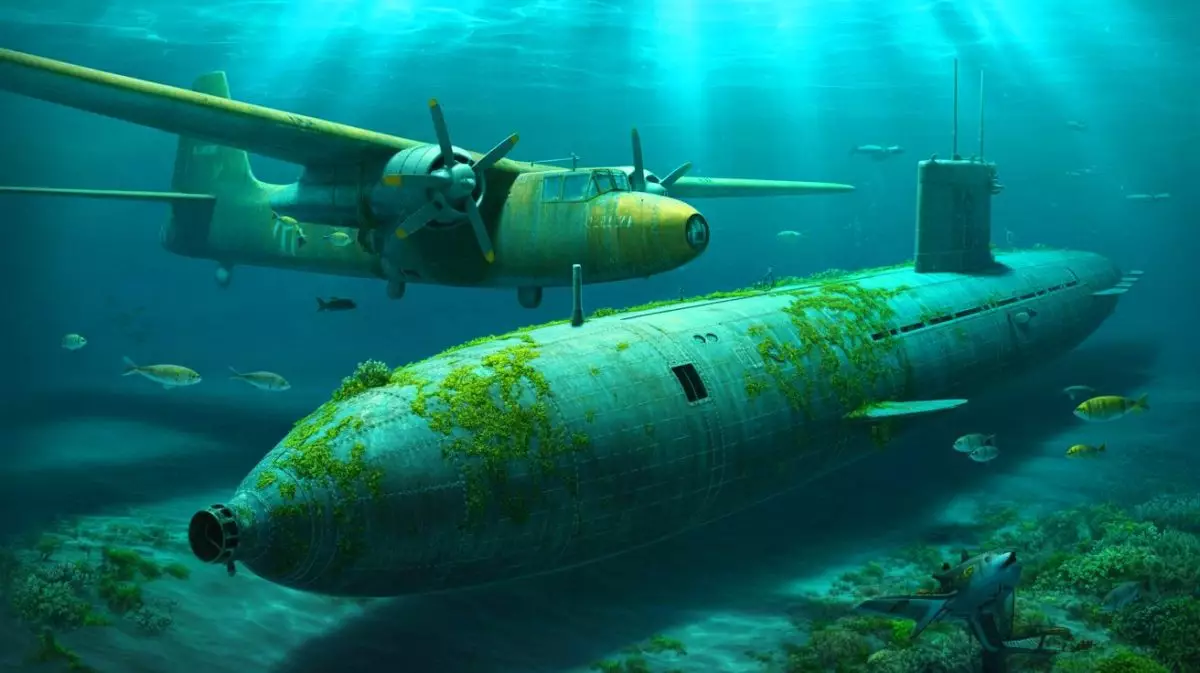 Illustration de la découverte d'un sous-marin de la Première Guerre mondiale et d'un avion de la Seconde Guerre mondiale au large de San Diego. Image réalisée par IA.