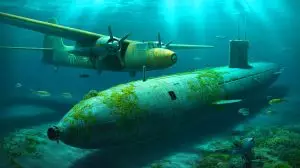 Illustration de la découverte d'un sous-marin de la Première Guerre mondiale et d'un avion de la Seconde Guerre mondiale au large de San Diego. Image réalisée par IA.