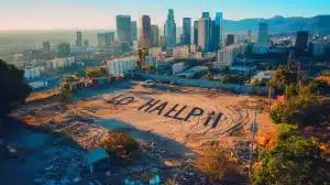 Illustration de mots intrigants inscrits sur un terrain vague à Los Angeles, capturés par satellite. Image réalisée par IA.