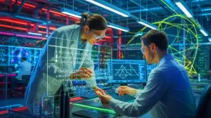 Illustration de la collaboration novatrice entre un mathématicien et un expert des algorithmes pour résoudre des équations polynomiales complexes. Image réalisée par IA.