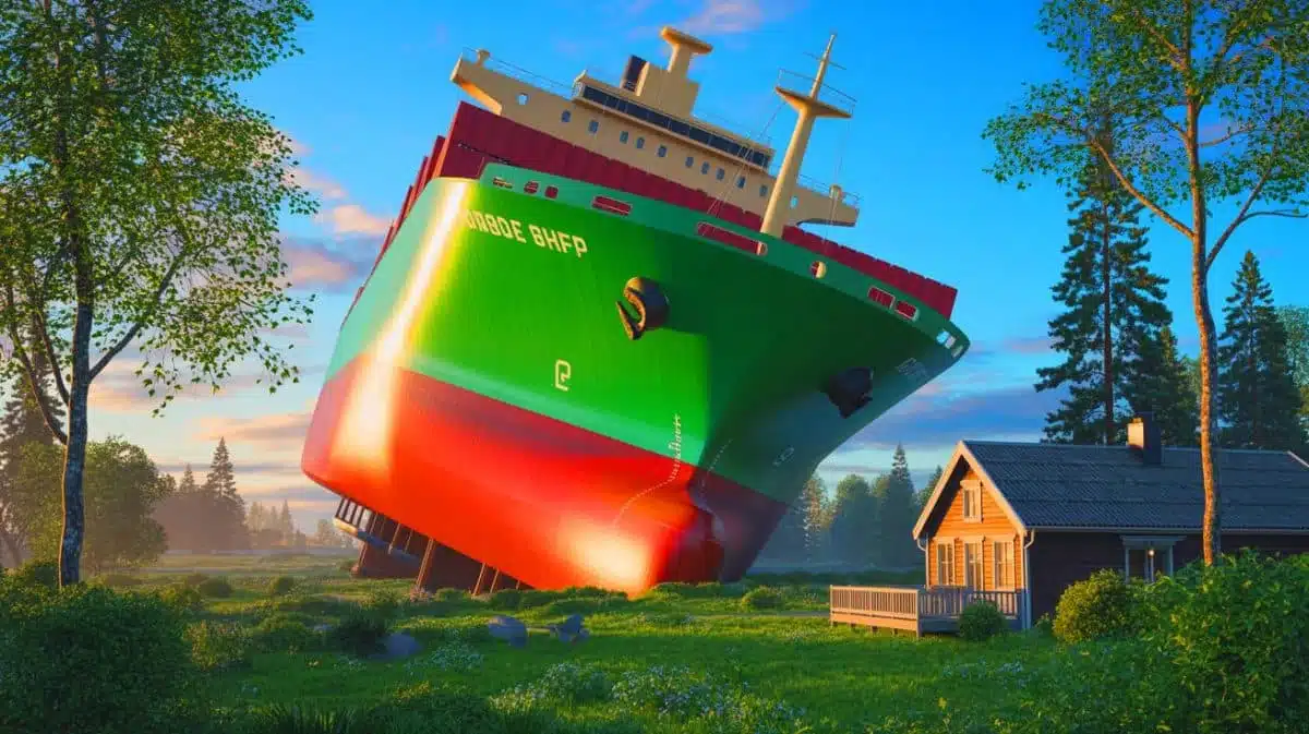 Illustration de l'échouement du navire cargo NCL Salten dans le jardin d'un habitant norvégien. Image réalisée par IA.