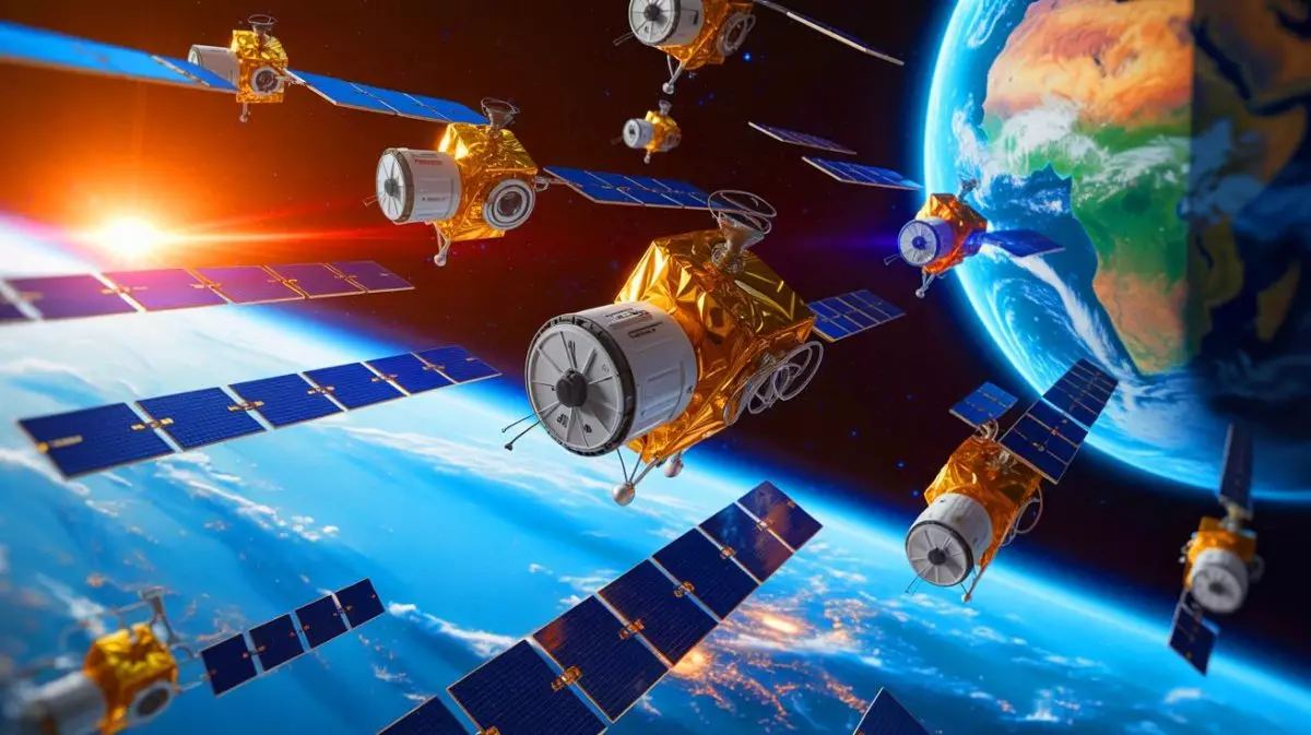 Illustration de la constellation Meridian Space en cours de déploiement par SpinLaunch. Image réalisée par IA.