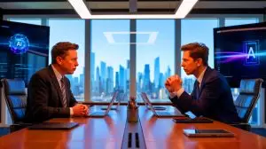 Illustration de la rivalité entre Elon Musk et Sam Altman autour du rachat d'OpenAI. Image réalisée par IA.
