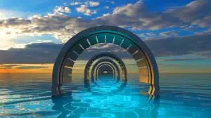 Illustration of a proposed transatlantic tunnel connecting America and Europe. Image generated by AI.