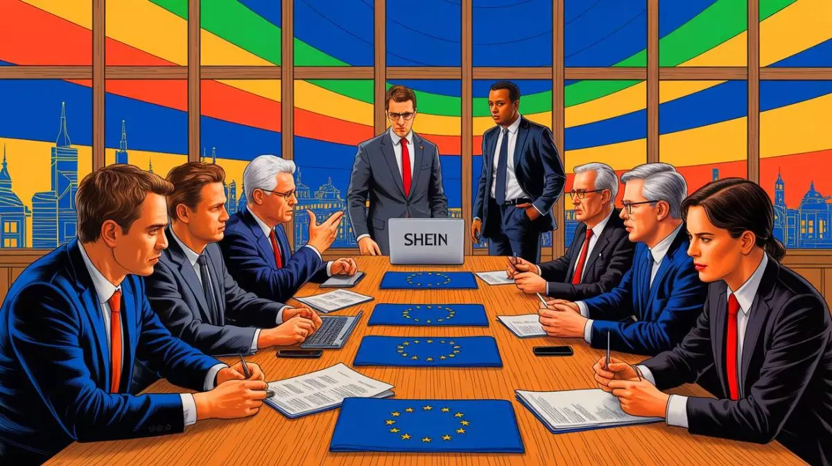Illustration of the European Union's regulatory scrutiny on SHEIN for consumer protection compliance. Image generated by AI.