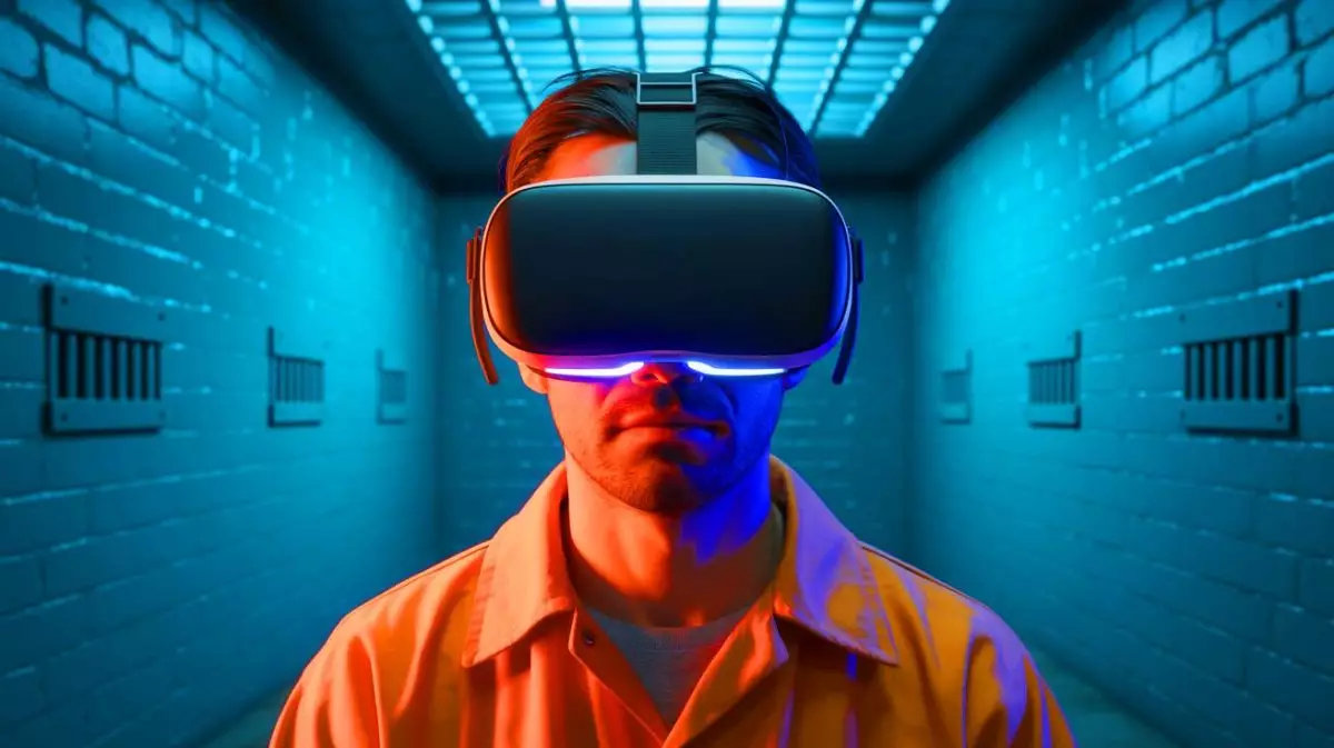 Illustration de l'utilisation de la réalité virtuelle par les détenus pour atténuer les effets de l'isolement carcéral. Image réalisée par IA.