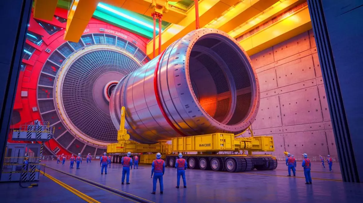 Illustration of a colossal superconducting magnet delivered to France’s ITER project. Image generated by AI.