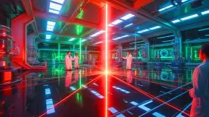 Illustration of a powerful laser experiment with energy equivalent to one million nuclear power plants. Image generated by AI.