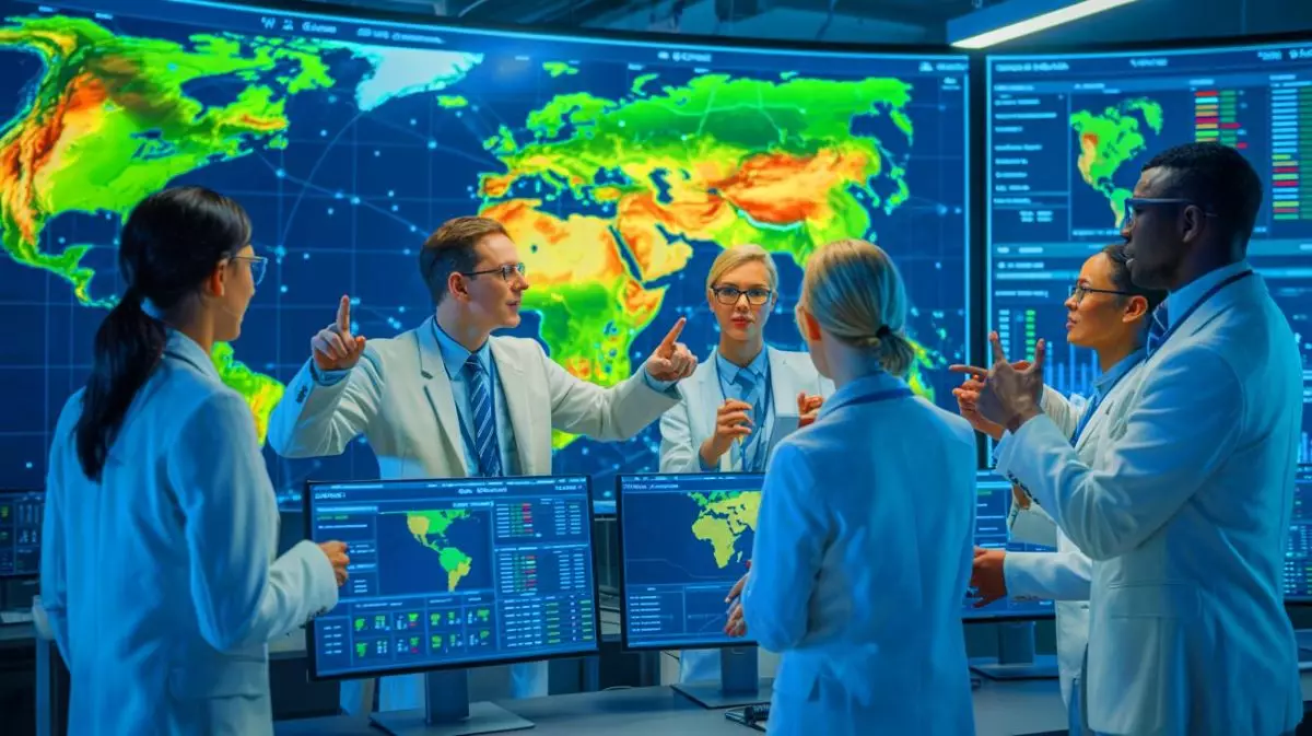 Illustration of researchers analyzing global population data with a focus on rural areas. Image generated by AI.