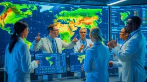 Illustration of researchers analyzing global population data with a focus on rural areas. Image generated by AI.