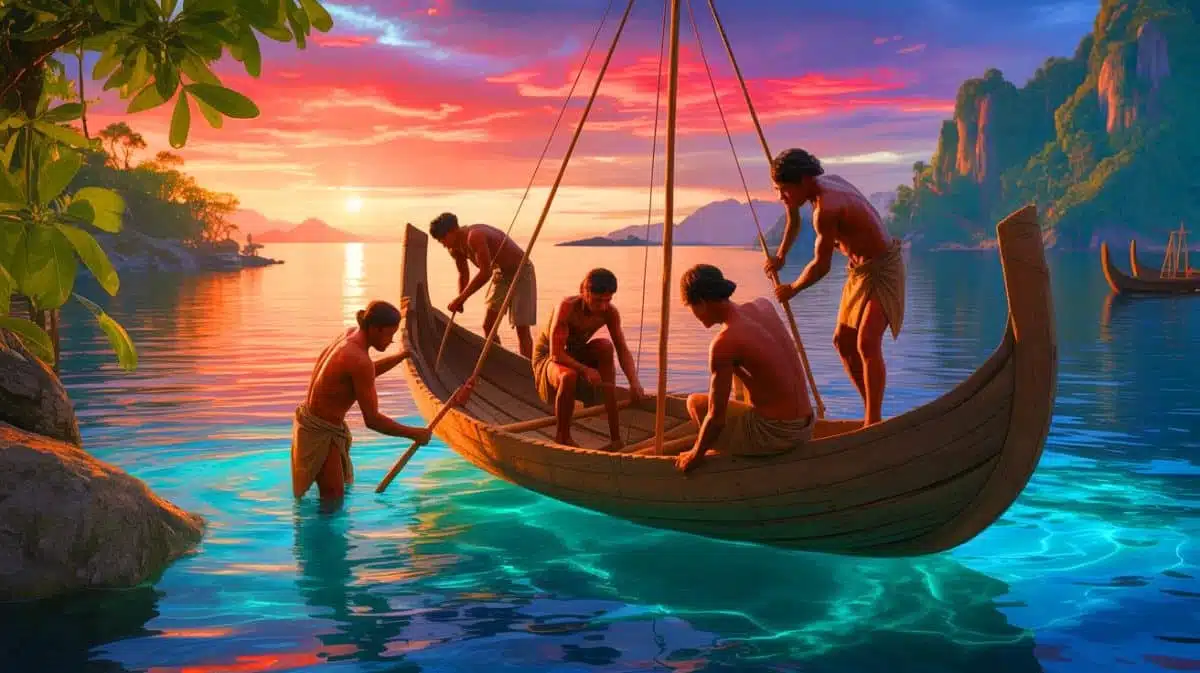 Illustration of ancient Southeast Asian seafarers constructing boats with advanced maritime technology. Image generated by AI.