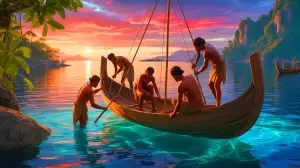 Illustration of ancient Southeast Asian seafarers constructing boats with advanced maritime technology. Image generated by AI.