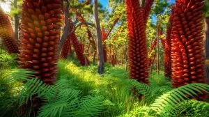 Illustration of the ancient Wollemi pine tree thriving in a remote part of New South Wales, Australia. Image generated by AI.