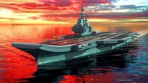 Illustration de porte-avions chinois à propulsion nucléaire défiant la suprématie navale mondiale. Image réalisée par IA.