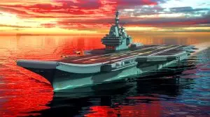Illustration de porte-avions chinois à propulsion nucléaire défiant la suprématie navale mondiale. Image réalisée par IA.