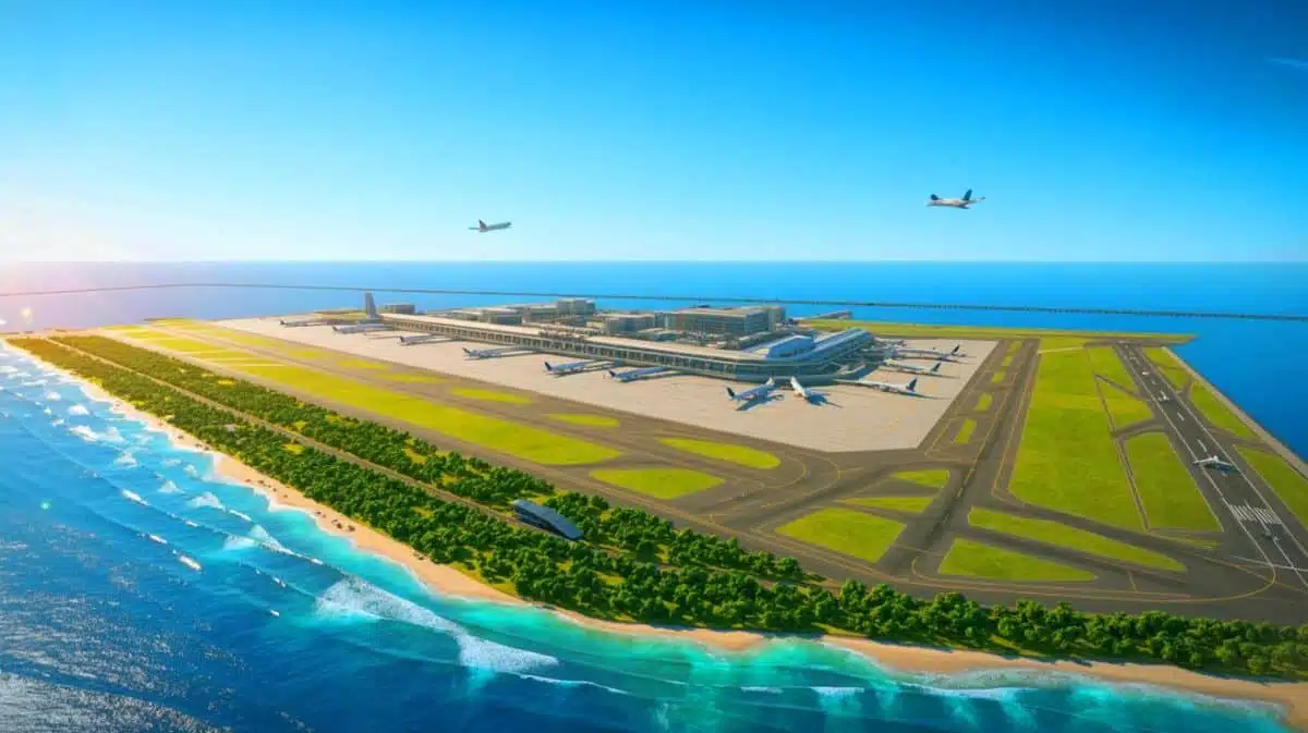 Illustration de l'aéroport de Dalian Jinzhouwan sur une île artificielle. Image réalisée par IA.