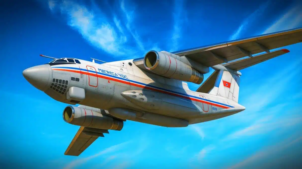 Illustration de l'avion de surveillance aérienne AEW&C de la Corée du Nord inspiré du modèle russe Il-76. Image réalisée par IA.