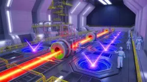 Illustration de la fusion nucléaire par impulsions laser au site de Biblis en Allemagne. Image réalisée par IA.