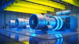 Illustration de turbines à gaz de GE Vernova en fonctionnement, symbolisant la transition énergétique. Image réalisée par IA.