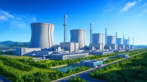 Illustration de la centrale nucléaire de Zhangzhou en Chine et de son réacteur Hualong-1. Image réalisée par IA.