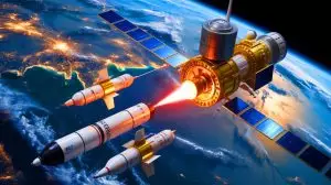Illustration de l'initiative américaine Golden Dome pour l'interception spatiale des missiles. Image réalisée par IA.