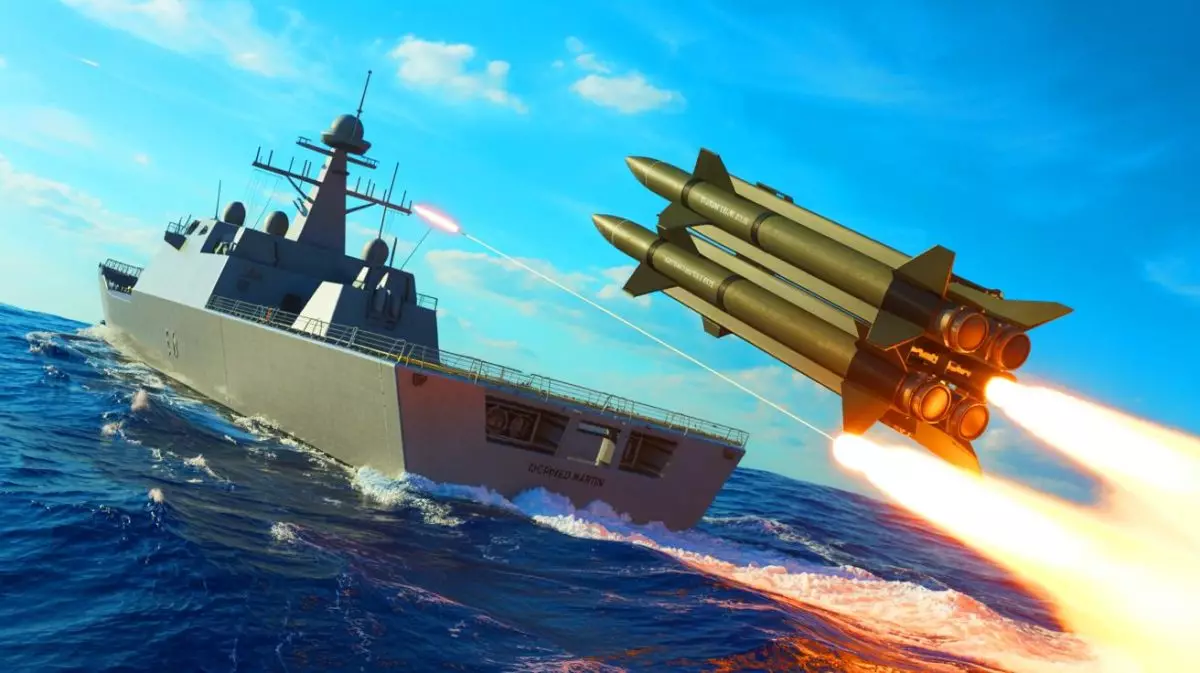 Illustration de l'amélioration des capacités navales américaines grâce au JAGM Quad Launcher de Lockheed Martin. Image réalisée par IA.