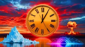 Illustration de l'horloge de l'apocalypse avancée à 89 secondes avant minuit. Image réalisée par IA.