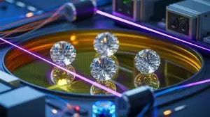 Illustration of levitating and spinning diamonds in a vacuum chamber. Image generated by AI.