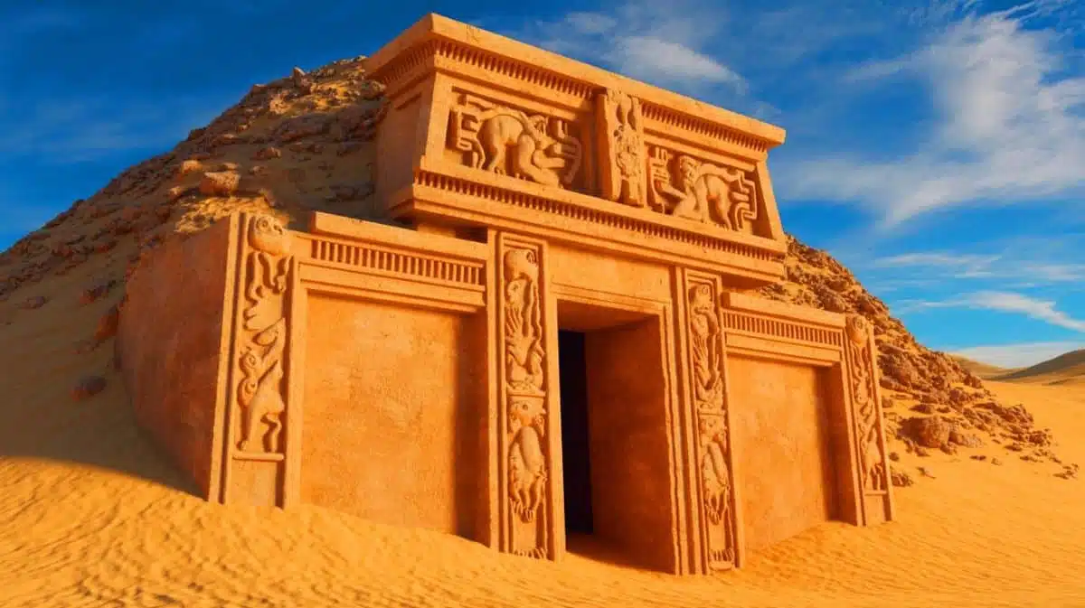 Illustration of an ancient ceremonial temple unearthed beneath the sands of Peru. Image generated by AI.