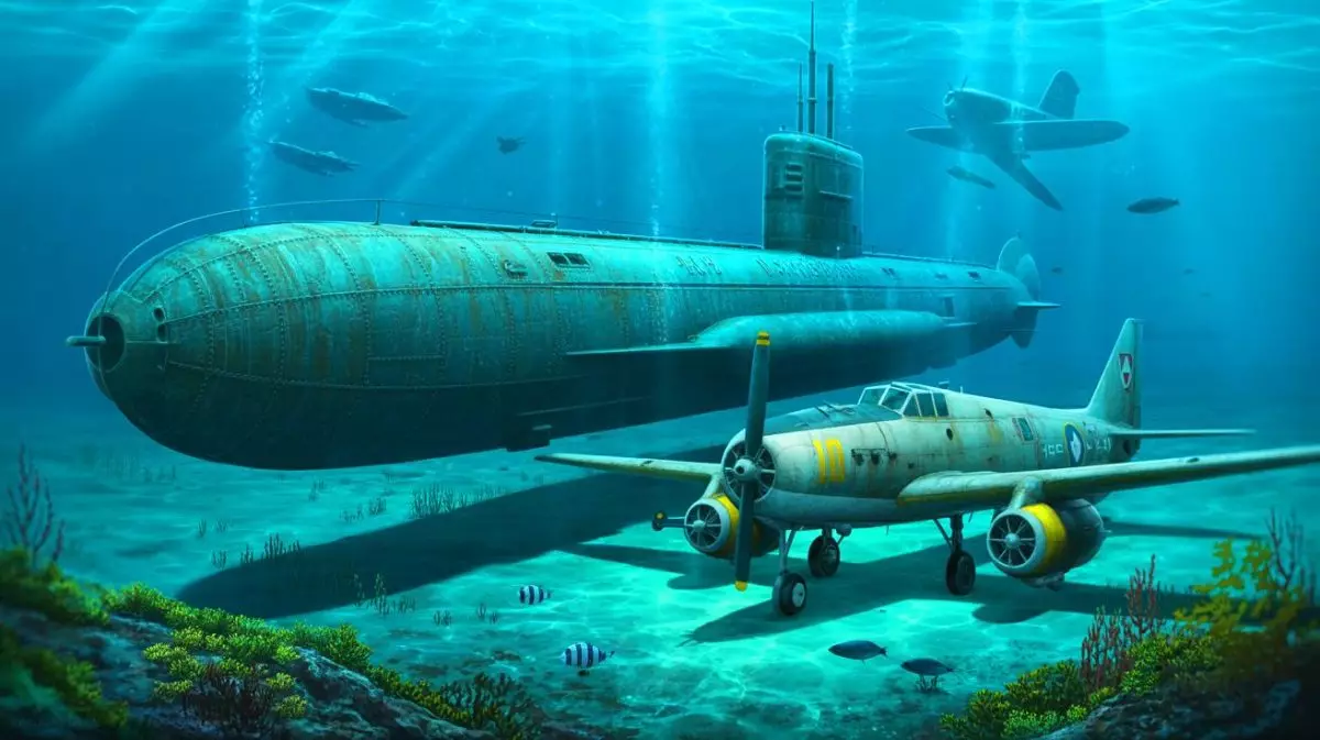 Illustration of the sunken World War I submarine USS F-1 and World War II-era aircraft off the coast of San Diego. Image generated by AI.