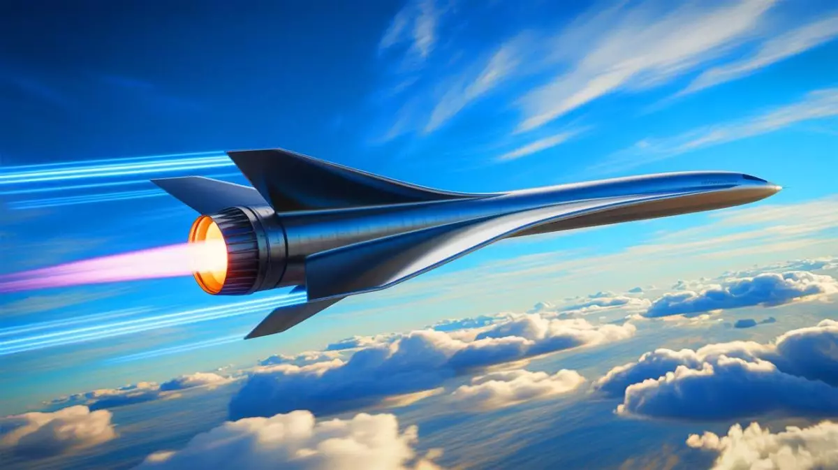 Illustration of the Rotating Detonation Rocket Engine in action during a hypersonic test flight. Image generated by AI.